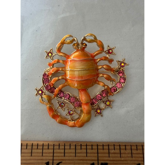 unknown Jewelry - Gold Tone Orange Enamel Scorpion Brooch Pink Rhinestone Celestial Star Pin